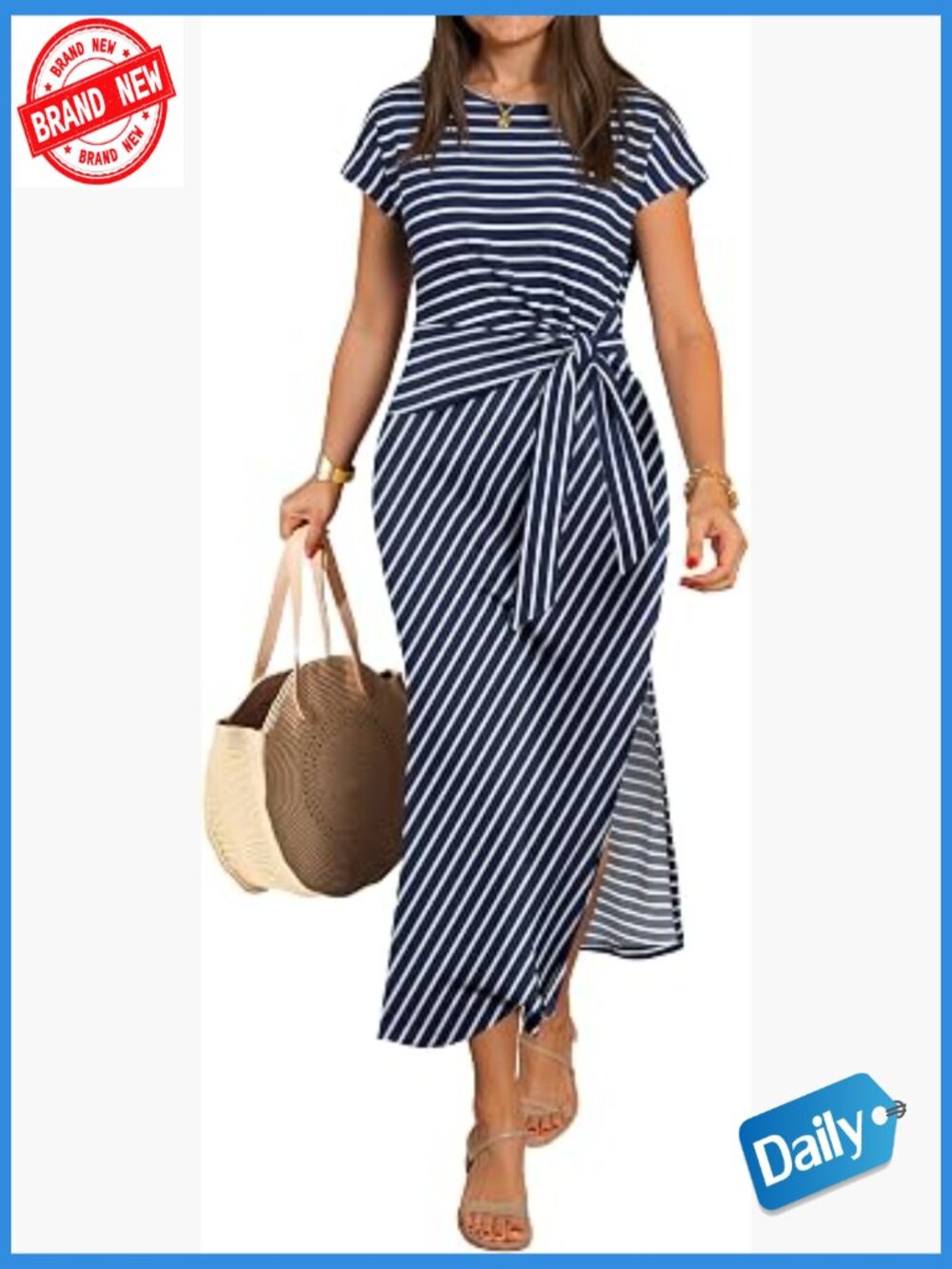 Womens Summer Maxi Dress Casual Crew Neck Tie Waist Split Wrinkle-Free Fit Long